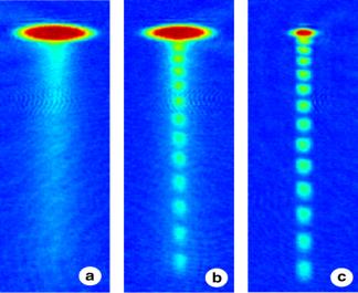 Interference experiment with two components of an atomic Bose-Einstein condensate. The measurement is repeated at different temperatures : before the phase transition (figure (a): no interference pattern); when a fraction of the atoms is in the condensate state (figure (b)), and when the atoms are fully condensed (figure (c): contrasted interference fringes)