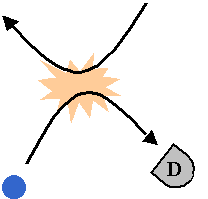The two indistinguishable 'paths' that correspond to a given detection result in a scattering experiment with identical particles.