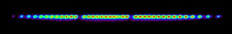 A string of trapped ions, visualised by means of lasers and photodetectors