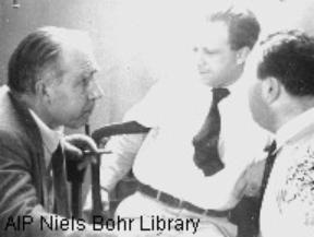 Heisenberg (centre) discussing with Bohr (left) and Pauli. Uncertainty relations are deeply linked to Bohr's ideas on complementariry and to Pauli's exlusion principle